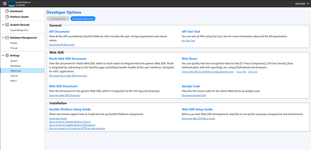 FaceMe® Platform Developer Resources page